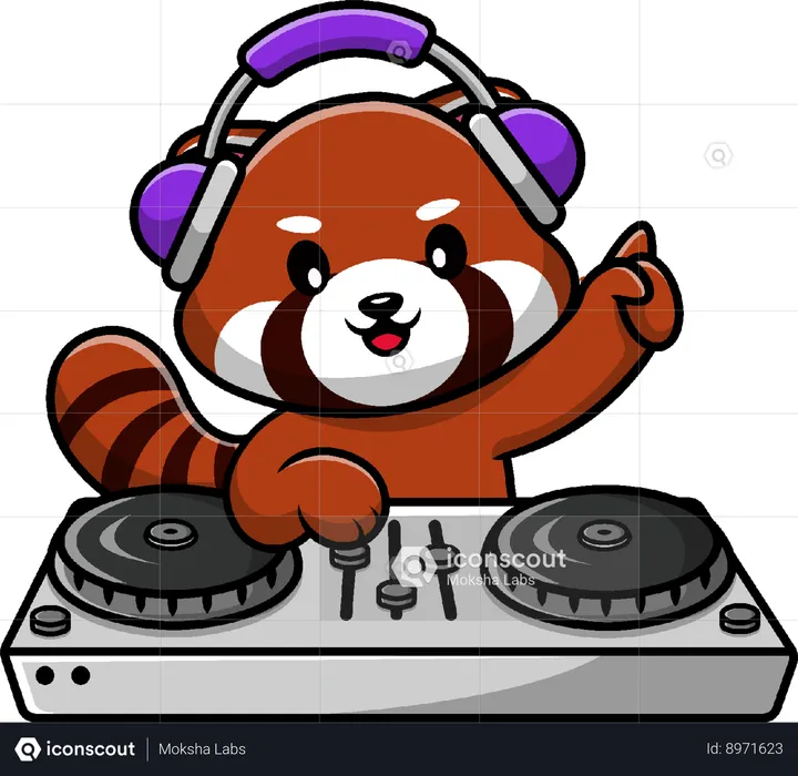 Red Panda Playing DJ Music With Headphone  Illustration