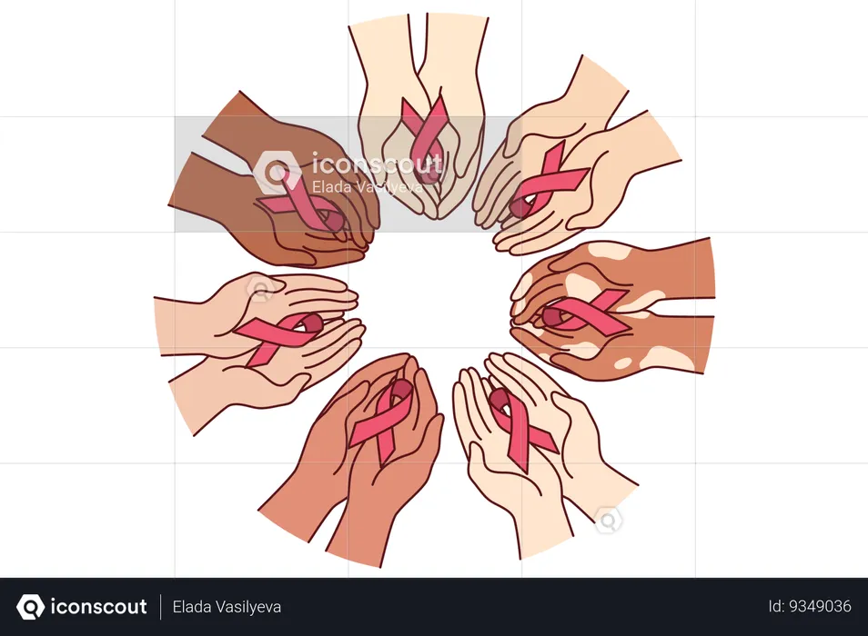 Red ribbons symbolizing fight against AIDS and HIV infection in hands of various people  Illustration