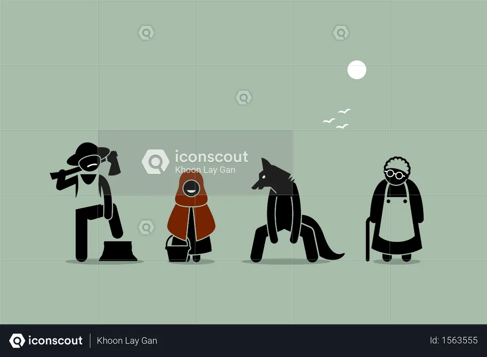 Red Riding Hood, Wolf, Lumberjack, and Grandmother Characters in Stick Figure Pictogram  Illustration