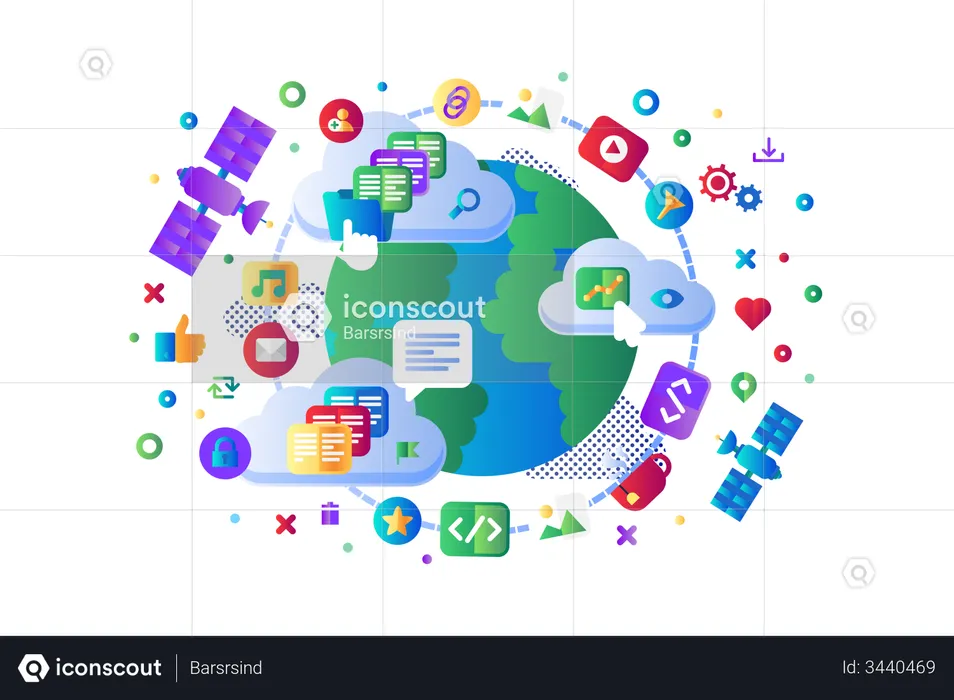 Red social de datos globales 5G internet vector diseño plano. Sistema mundial de navegación por satélite a Internet wi-fi que se mueve en órbita terrestre, concepto de operación de servidores de almacenamiento en la nube. Plantilla de aplicación de sitio   Ilustración