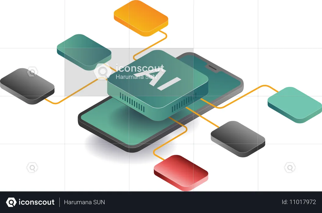 Rede de IA com smartphone  Ilustração