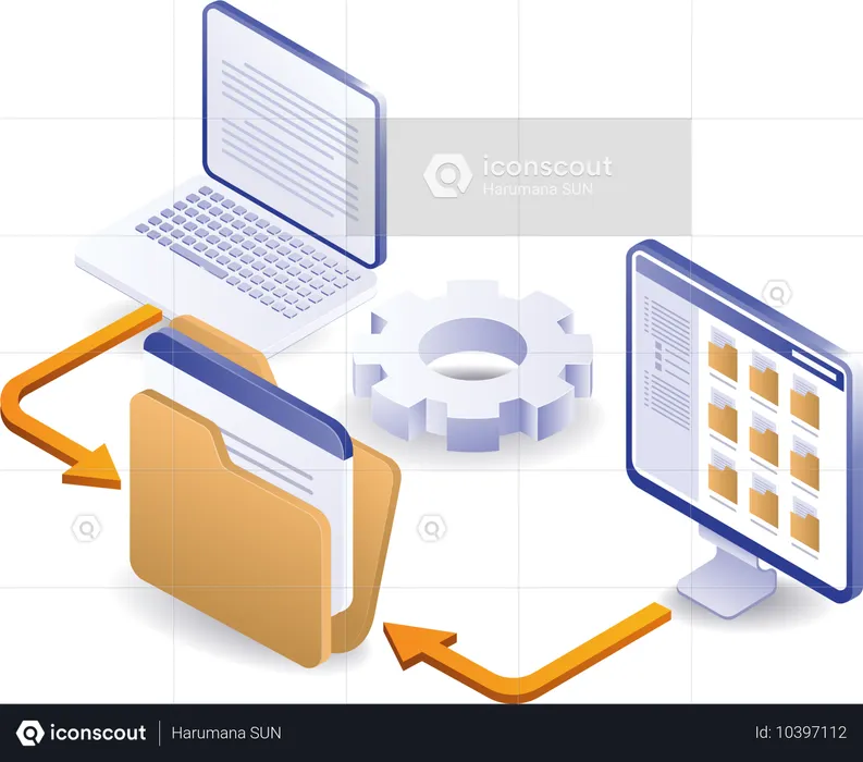 Rede de computadores armazena dados de pastas  Ilustração