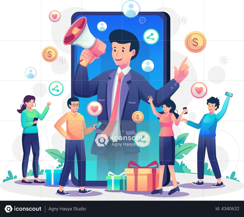 Referral marketing campaign by businessman  Illustration
