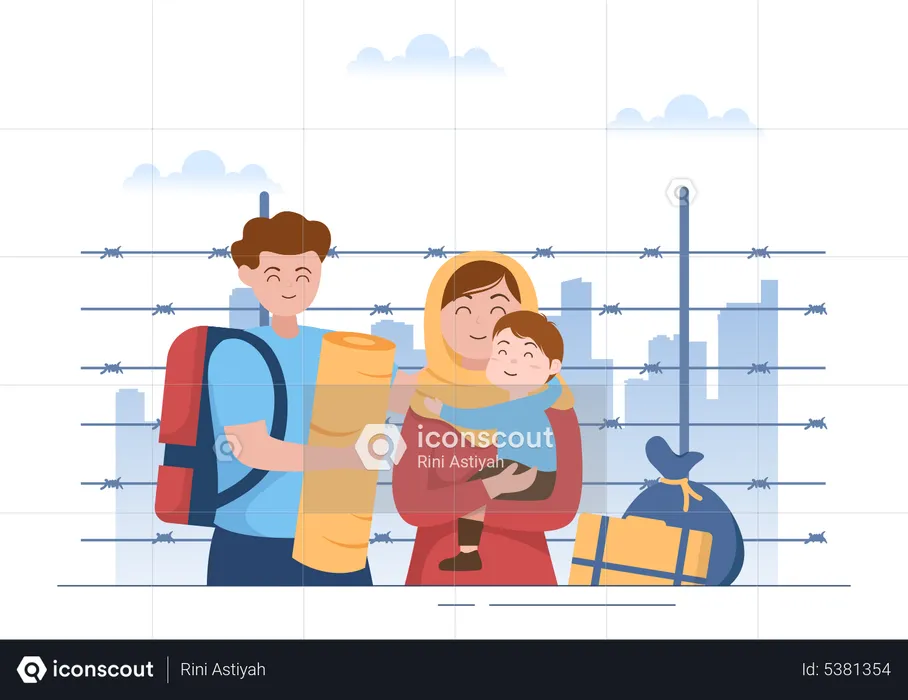 Refugee family happy after crossing country  Illustration