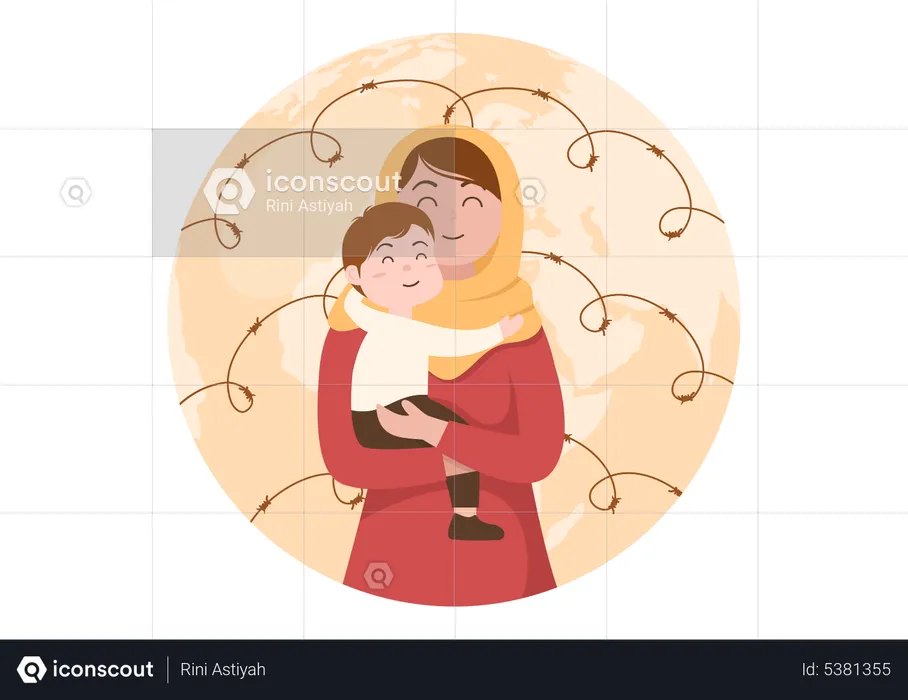 Refugee mother with her child  Illustration