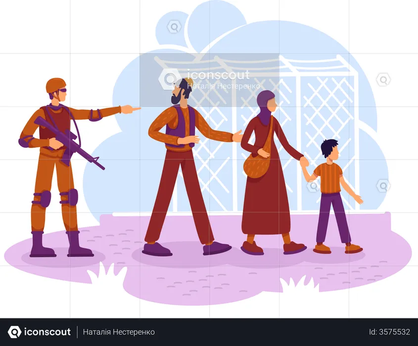 Refugees and guard  Illustration