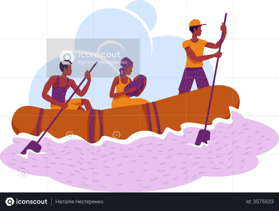 Refugees in boat  Illustration