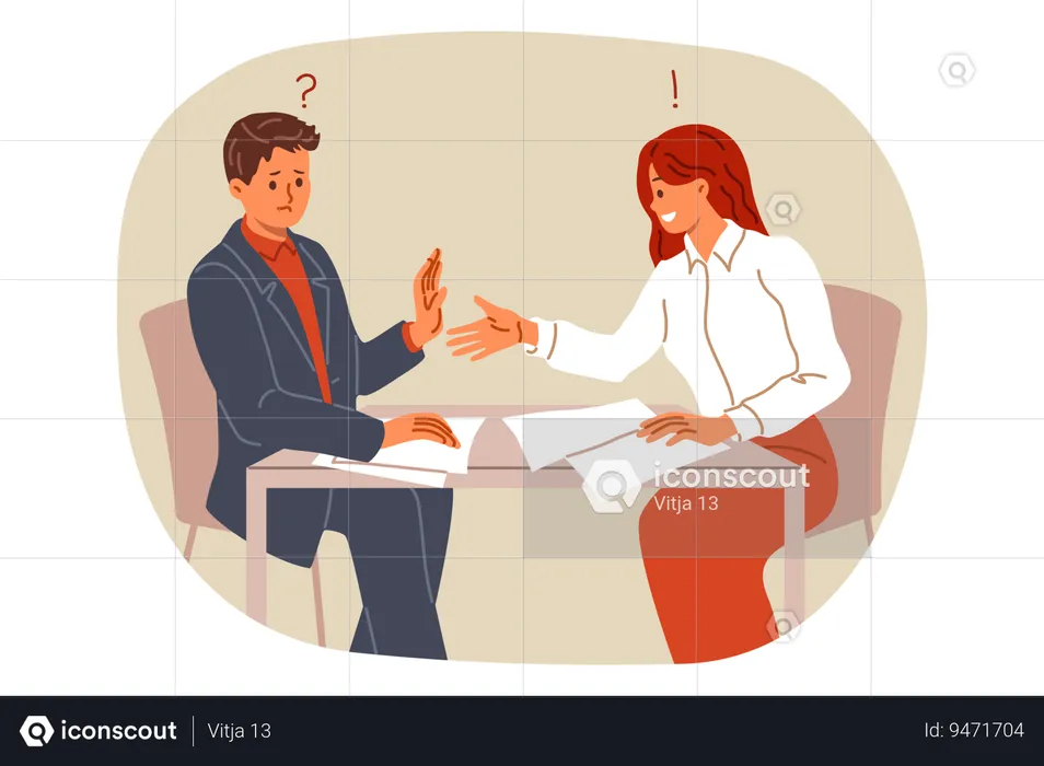 Refusal to conclude business deal from man with woman partner and not wanting to shake hands  Illustration