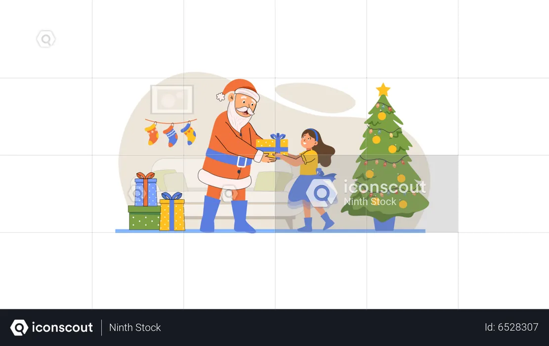 Santa dando regalo de Navidad a niña  Ilustración