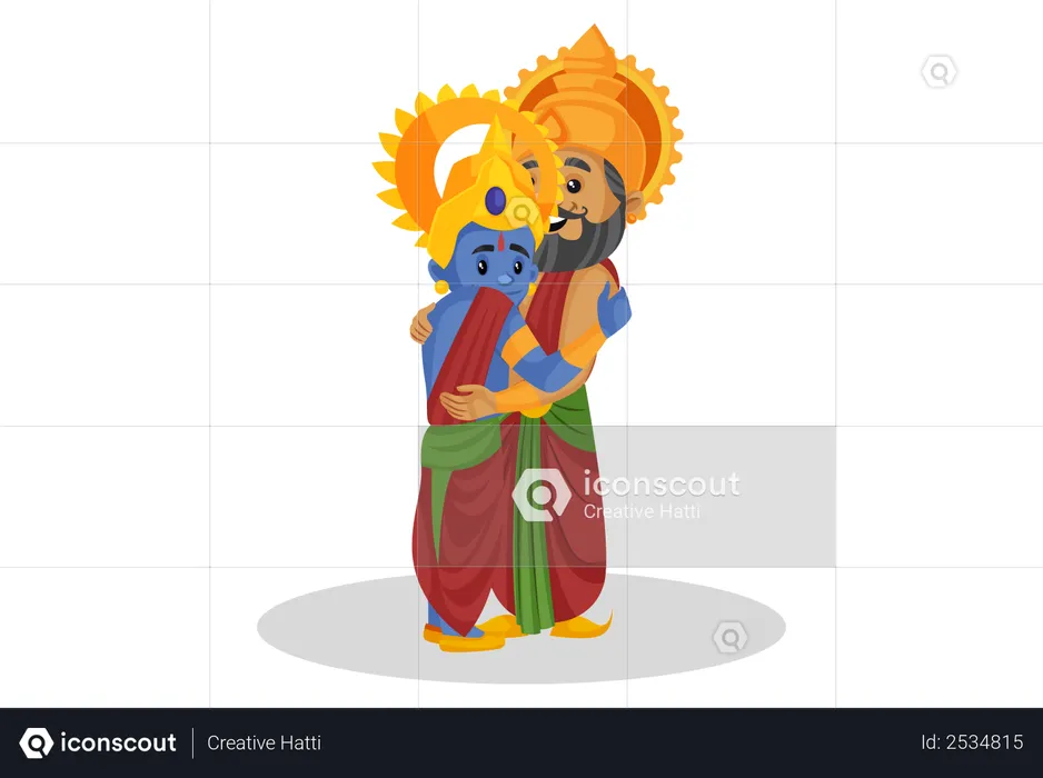 Rei Dasharatha abraçando senhor carneiro  Ilustração