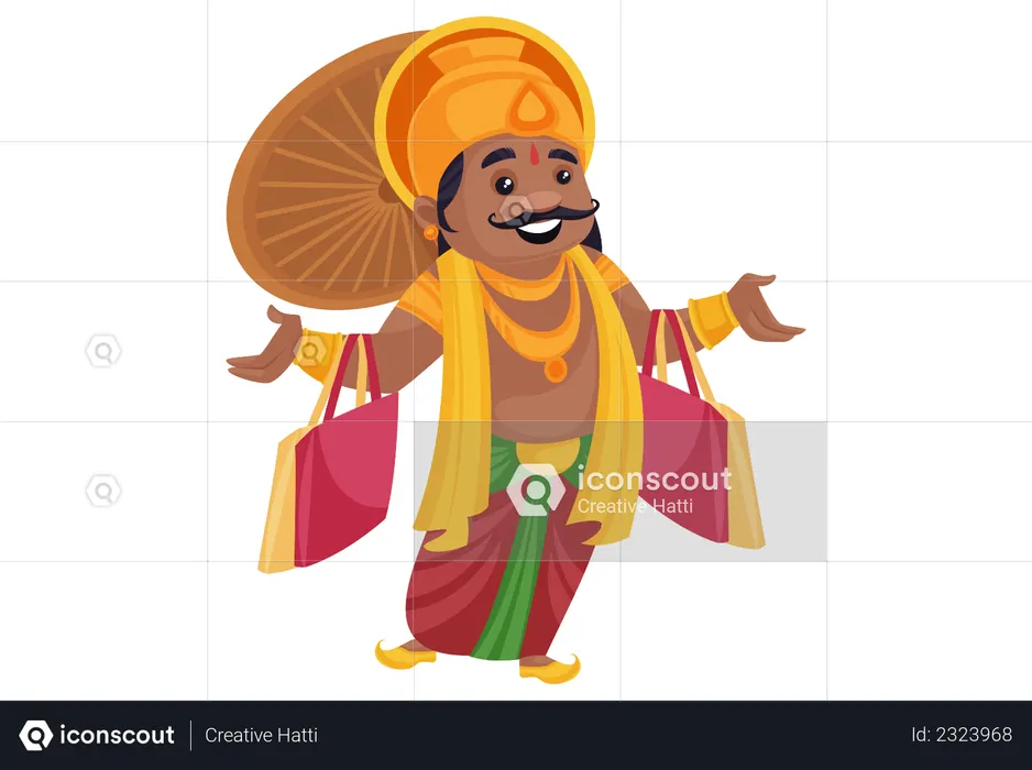 Rei Mahabali com sacolas de compras nas mãos  Ilustração