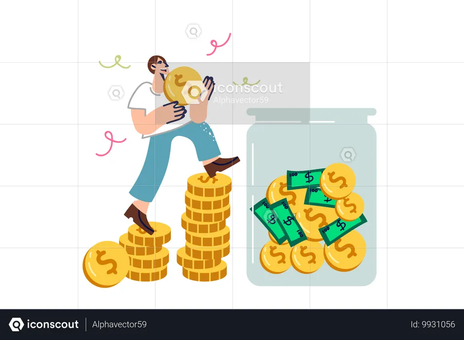 Reicher Mann spart Geld, indem er Münzen in ein durchsichtiges Glas steckt, um Reservekapital anzusammeln  Illustration