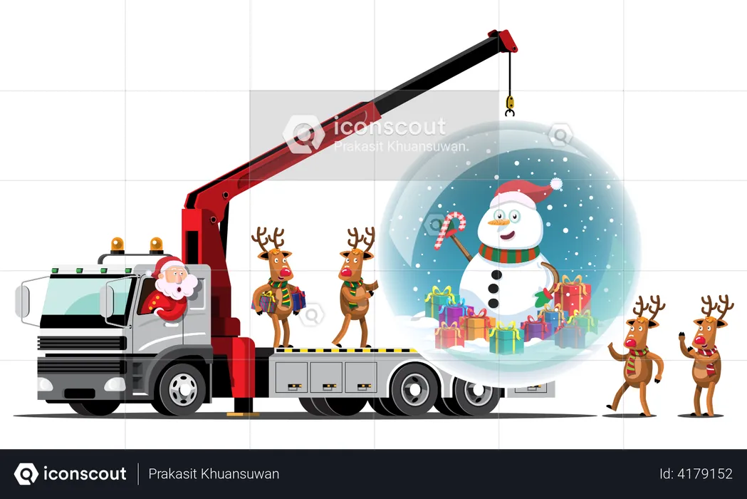 Reindeer and Santa bring a giant crystal ball and snowman inside truck  Illustration
