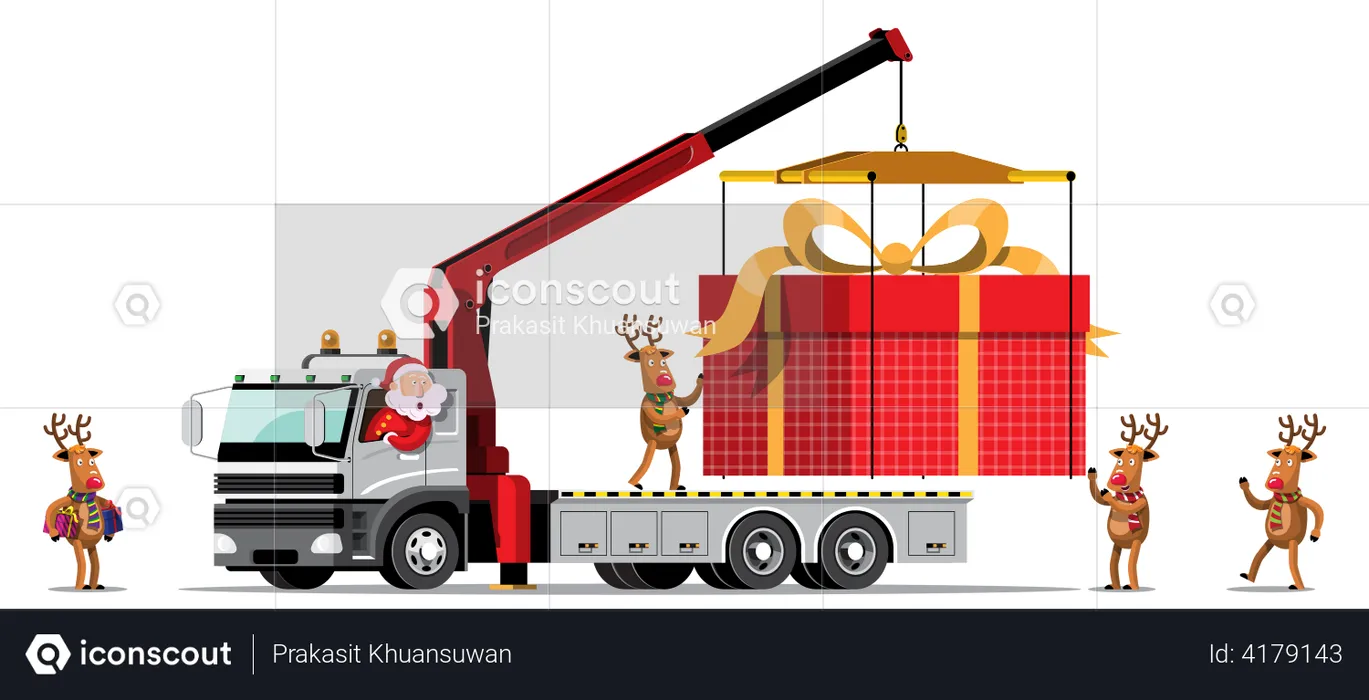 Reindeer and Santa bring a giant gift box in truck  Illustration