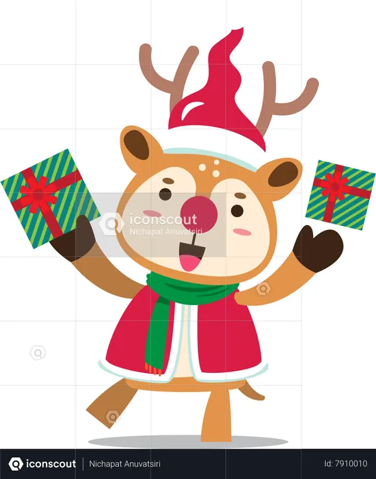 Reindeer in Santa costume showing Christmas presents  Illustration