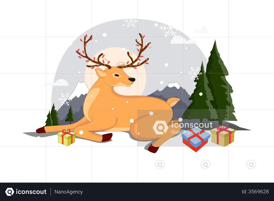 Reindeer Sitting in Snowfall  Illustration