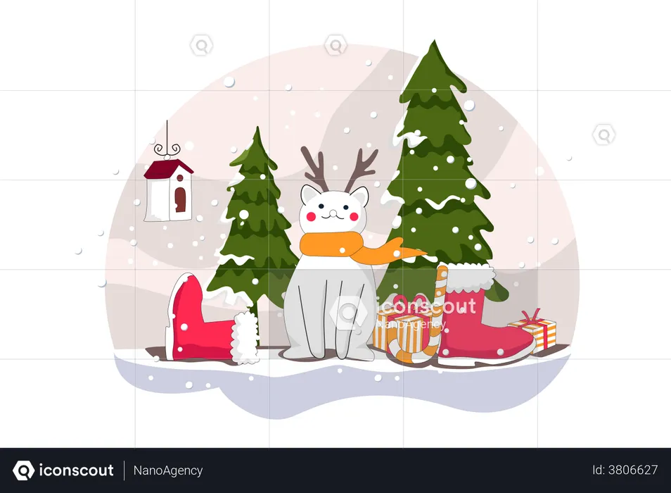 Reindeer sitting with Christmas things  Illustration
