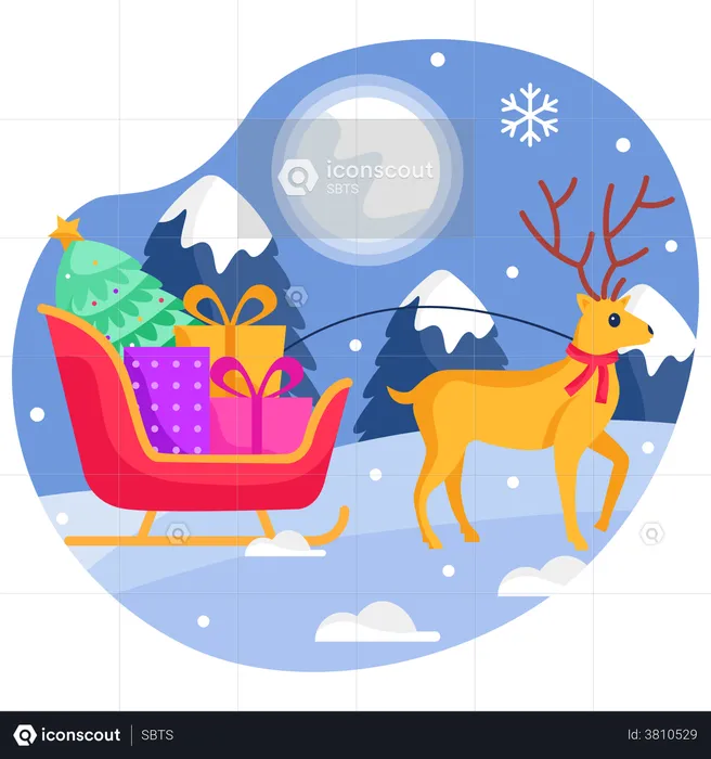 Reindeer Sleigh carrying many gifts  Illustration