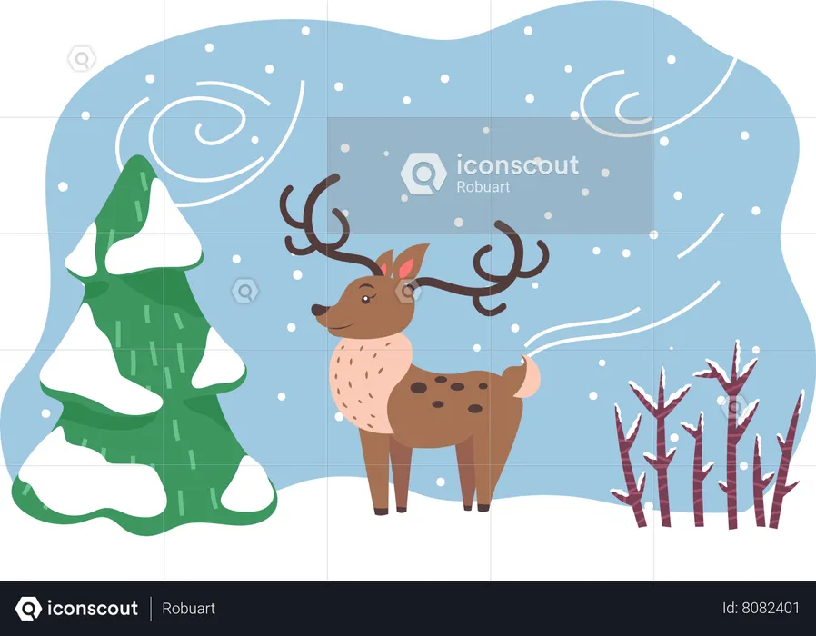 Reindeer Stand In Winter Forest  Illustration