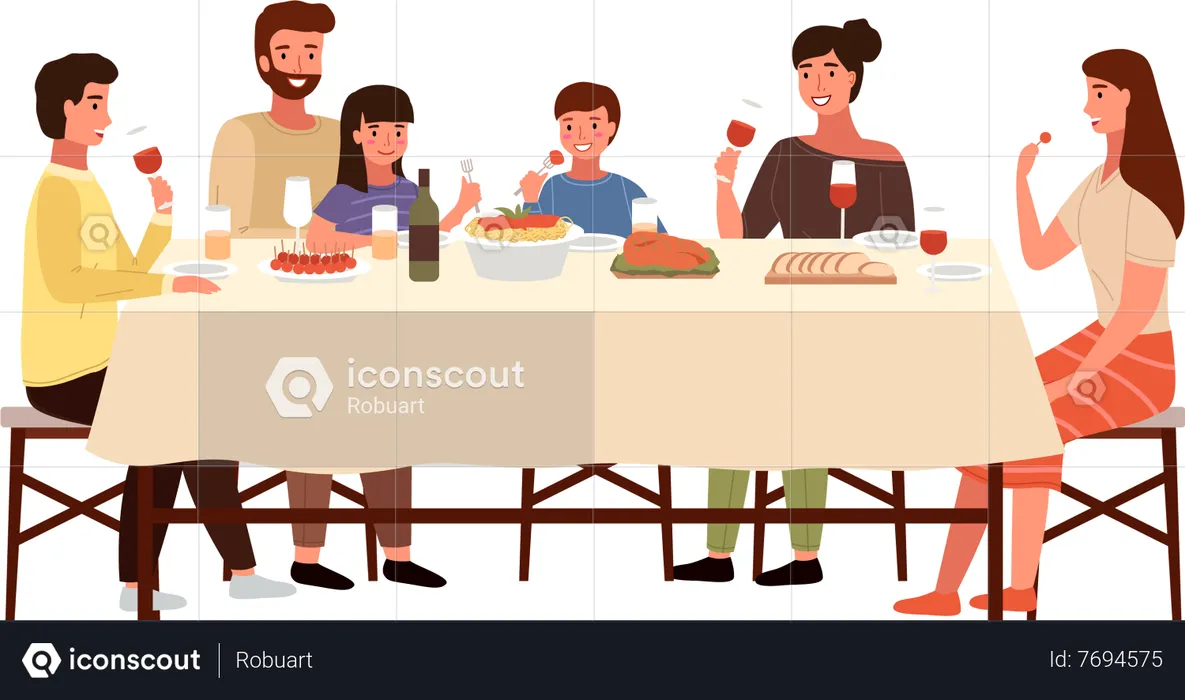 Relatives communicating and eating food at dining table  Illustration