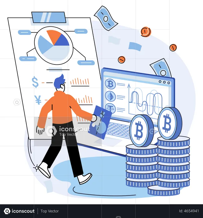 Homem com relatório de negociação de bitcoin  Ilustração