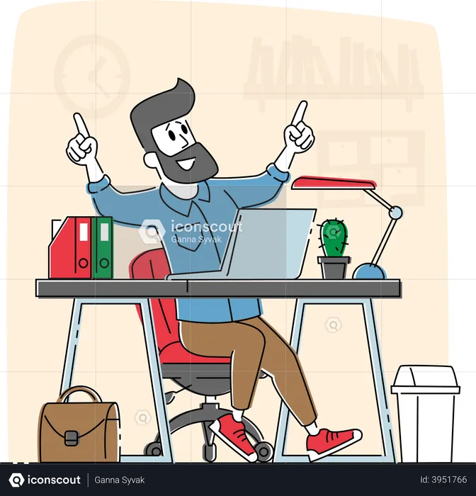 Relaxed Business Man Working on Laptop Sitting at Desk Thinking of Task  Illustration