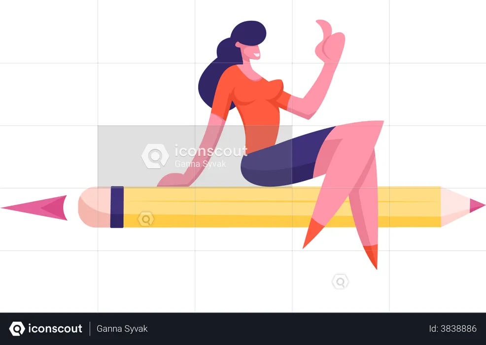 Relaxed Businesswoman Showing Thumb Up Flying on Pencil Rocket  Illustration