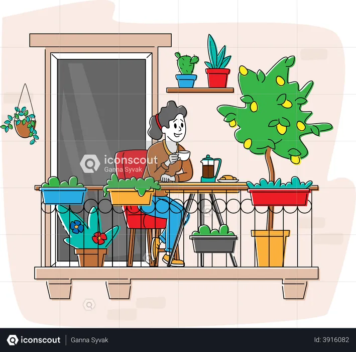 Relaxed Female Character Sitting in Comfortable Armchair Drinking Coffee at House Balcony with Potted Plants or Flowers  Illustration