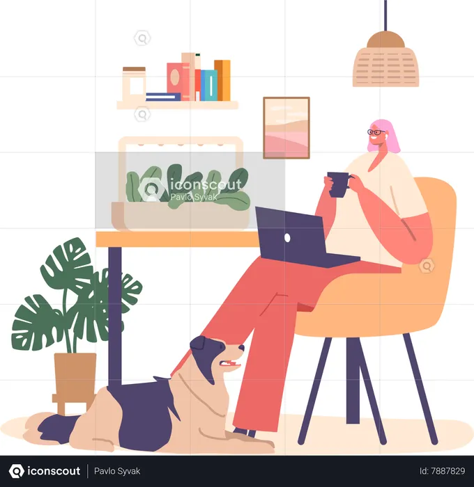 Relaxed Female Character Sitting with Coffee and Laptop at Home with Greenery Growing Equipment on Table  Illustration