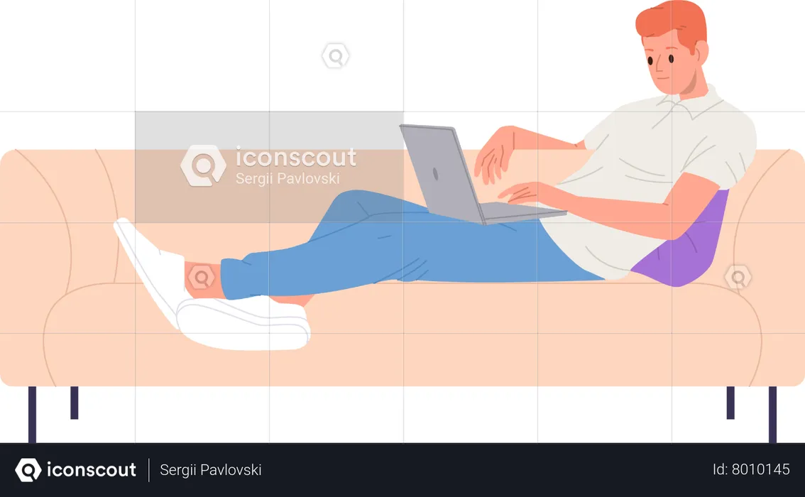 Relaxed man freelancer on sofa using laptop computer watching webinar  Illustration