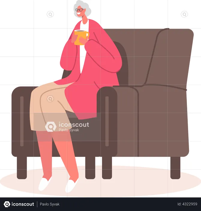 Relaxed Senior Woman Comfortable Chair Drinking Tea  Illustration