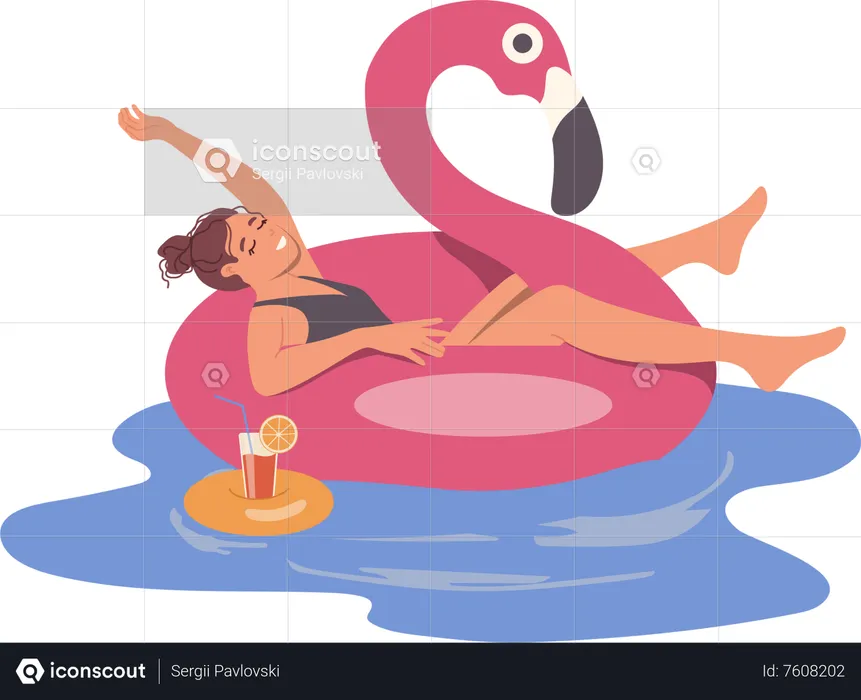Relaxed woman floating in rubber swan ring drinking cocktail while rest in swimming pool  Illustration