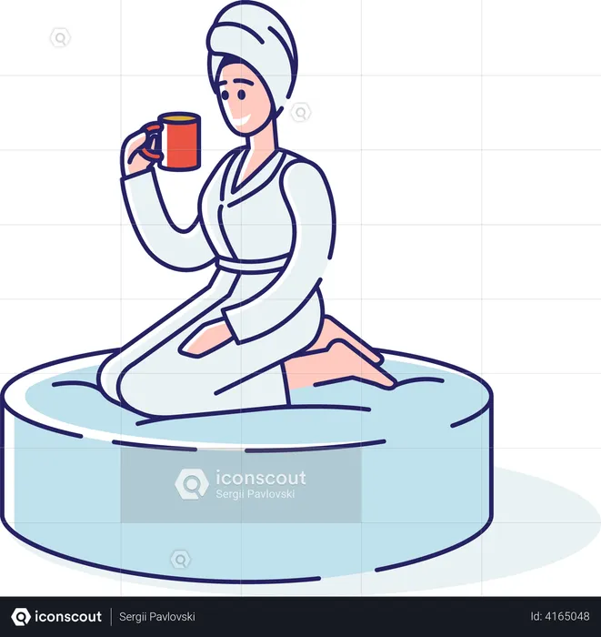 Relaxed woman in towel and bathrobe drinks tea after bath  Illustration