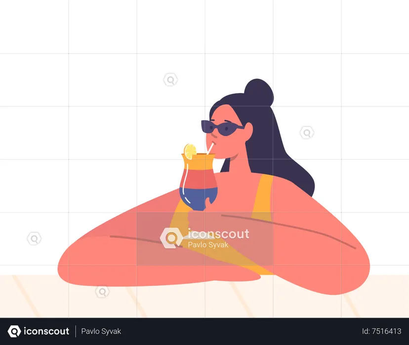 Relaxed Woman Sips Cocktail In Pool  Illustration