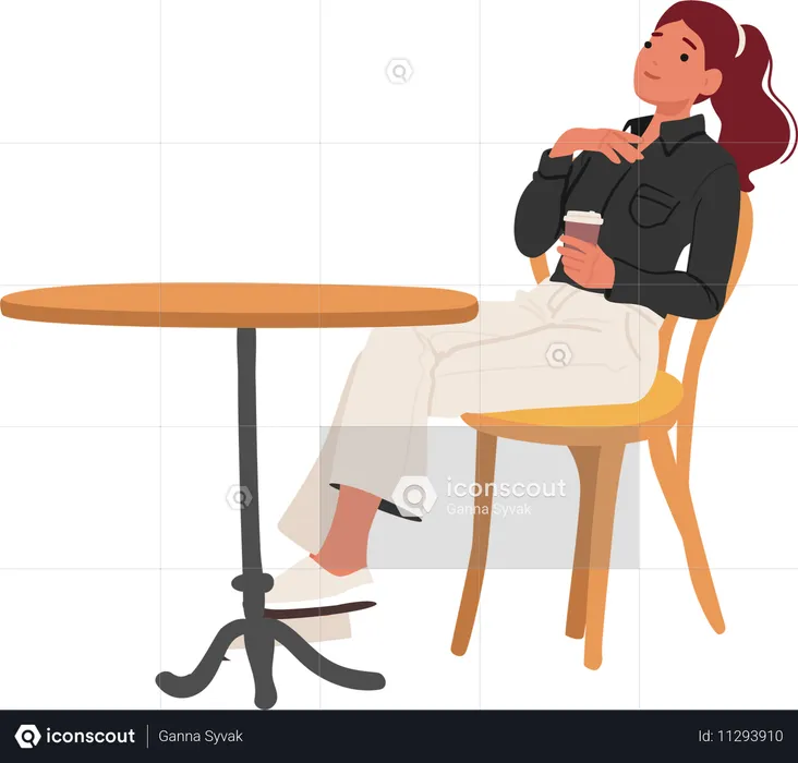 Relaxed young woman drinking coffee sitting at outdoor cafe  Illustration