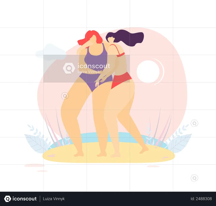 Filles de remorquage profitant sur la plage  Illustration