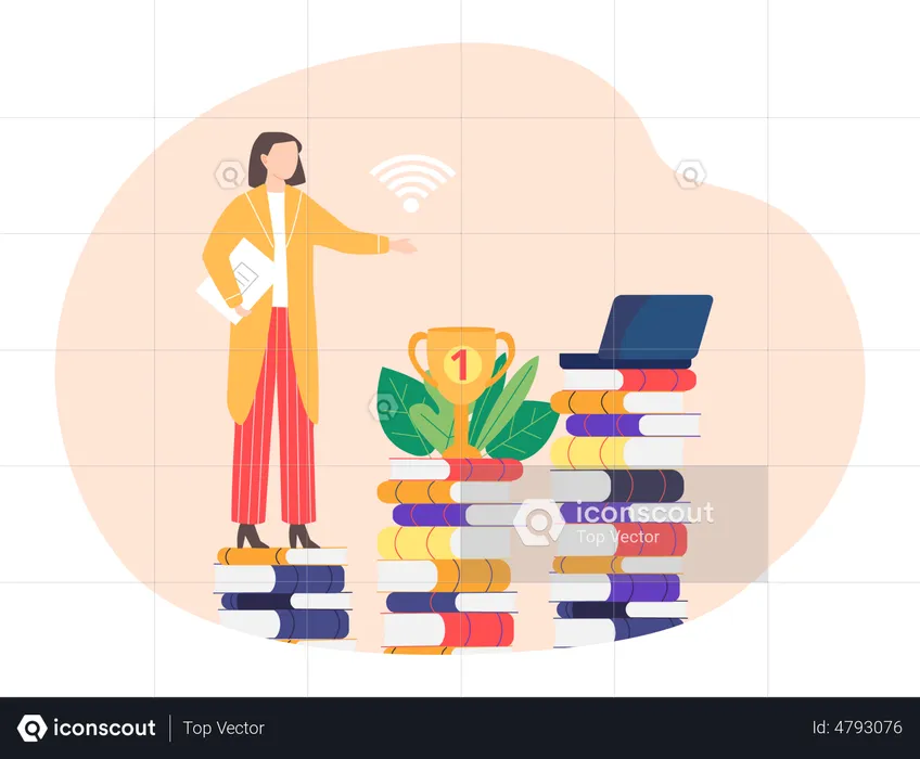 Remote work with books. Woman teacher standing next to laptop and stack of multicolored books  Illustration