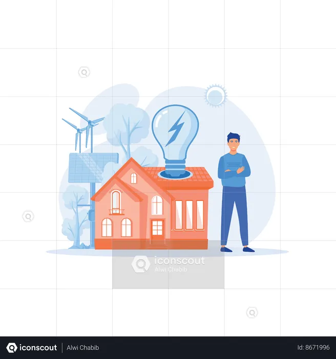 Man standing near private eco house  Illustration