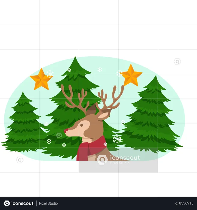 Reno con arbol de navidad  Ilustración