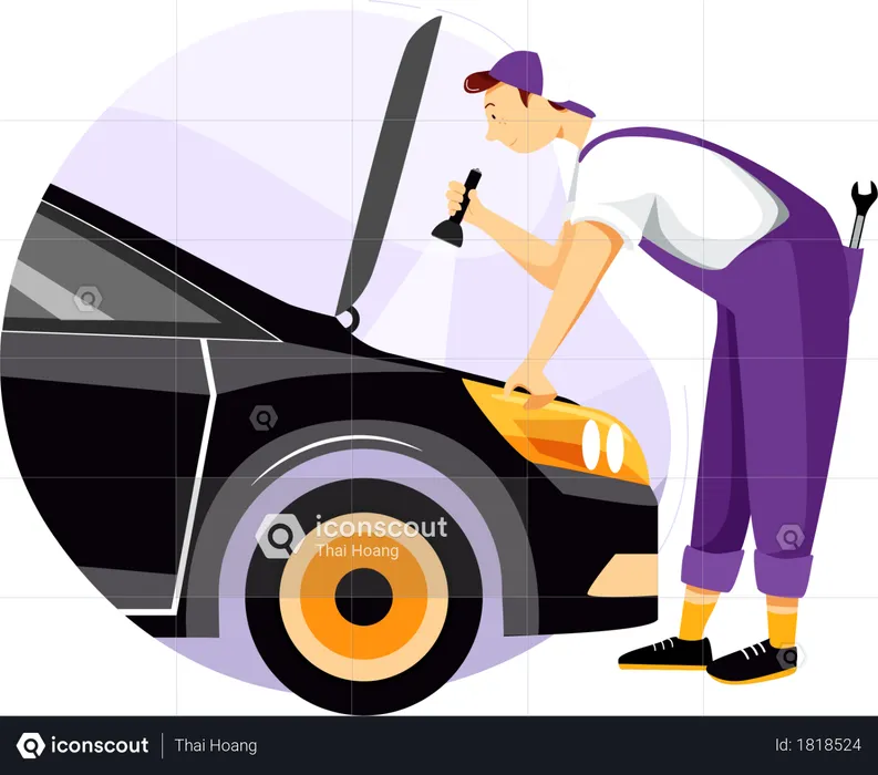 Repair man checking engine  Illustration