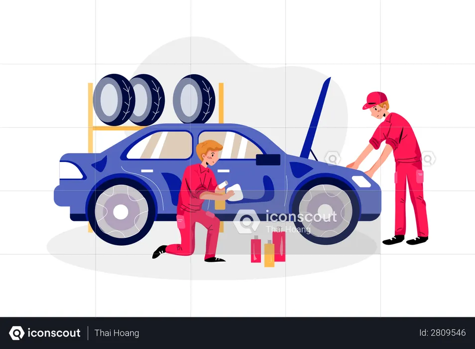 Repair man checking engine and Cleaning car  Illustration