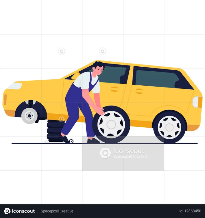 Repair worker doing Car Tire Replacement  Illustration