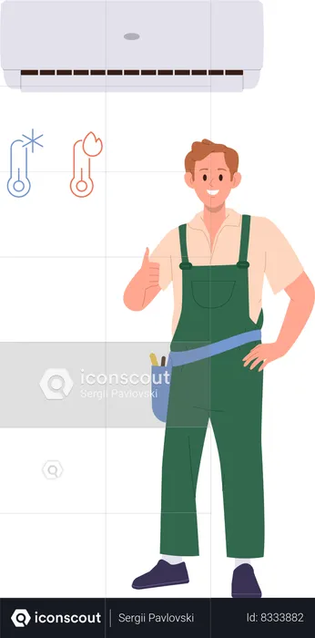 Repairman character gesturing thumbsup approving successful air conditioner adjustment  Illustration