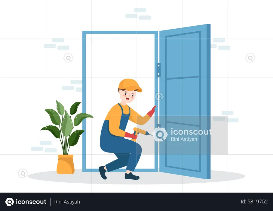 Repairman drilling holes for door installation  Illustration