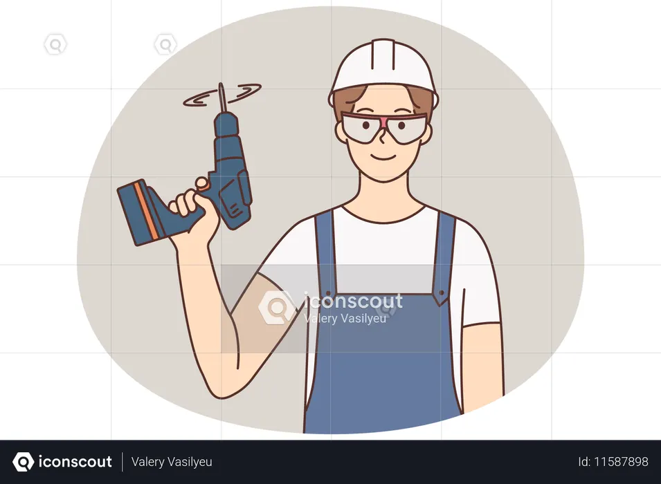 Réparateur avec une perceuse dans les mains  Illustration
