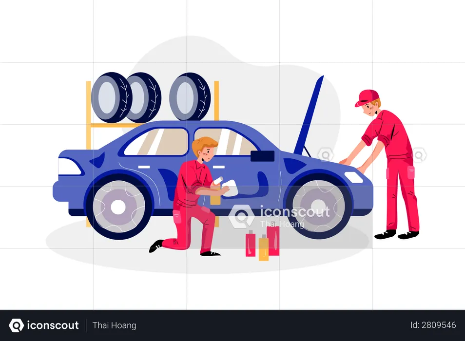 Réparateur vérifiant le moteur et nettoyant la voiture  Illustration