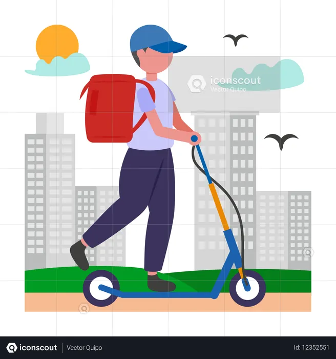 Repartidor haciendo entregas en scooter  Ilustración
