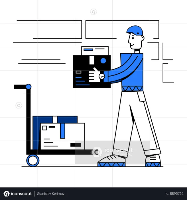 Repartidor poniendo paquetes en el carrito  Ilustración