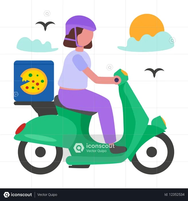 Repartidora montando scooter  Ilustración