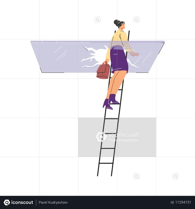 Représentant une femme debout sur un escalier et détruisant une barrière en verre  Illustration